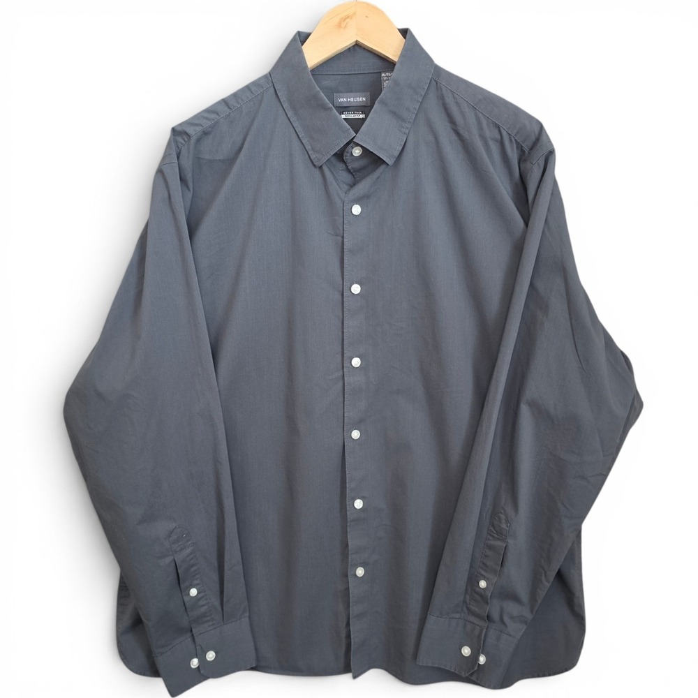 Van Heusen Dress Shirt Mens XL 17-17.5 Gray Button Never Tuck Regular Fit Career